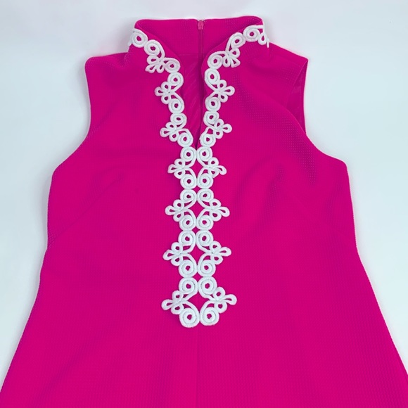 Vince Camuto Bright Pink High Collar Dress Size 8 White Scrolled Design Zip up - Picture 3 of 14